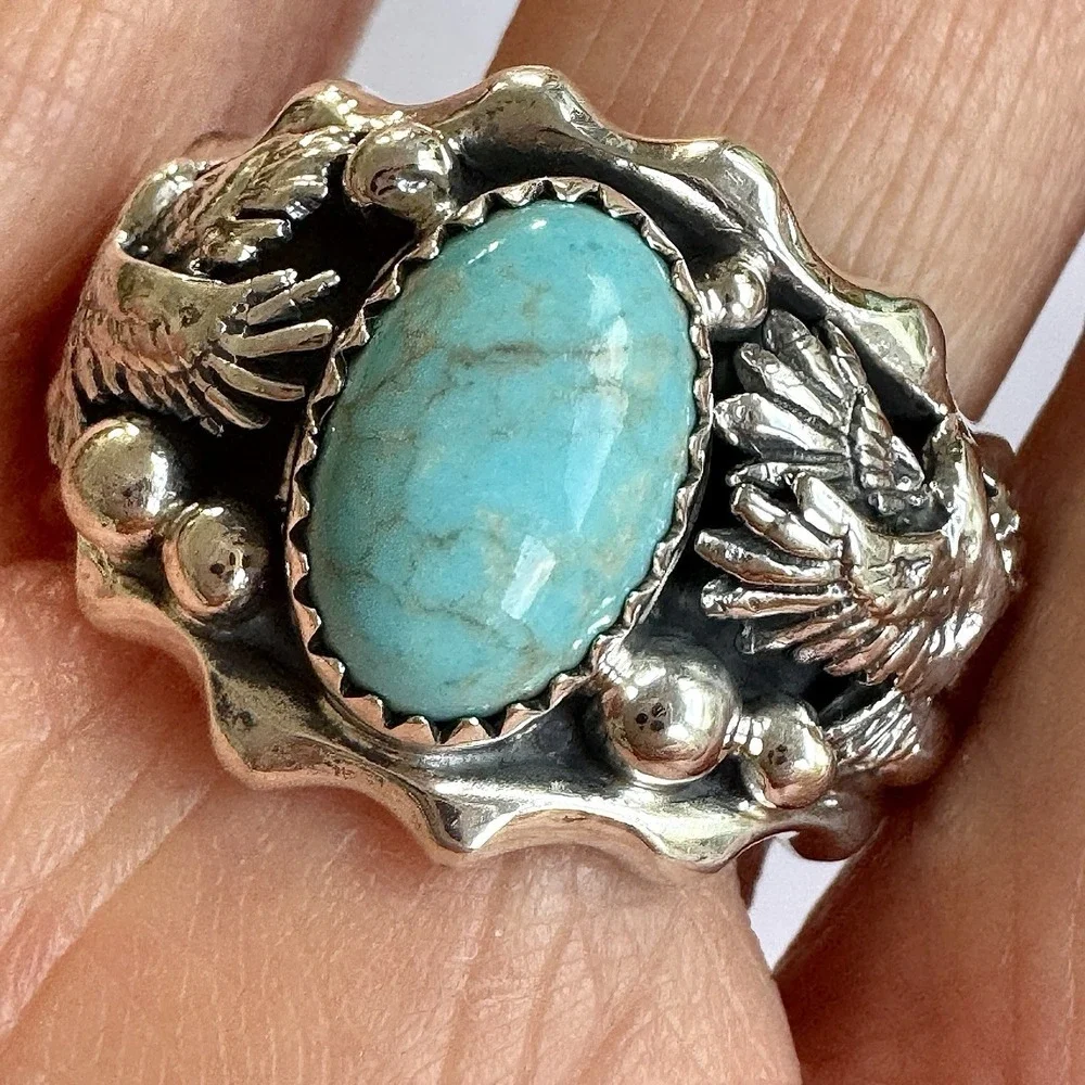 Navajo Eagle Mens Band Sz 13 Ring Turquoise Sterling Morgan Native American